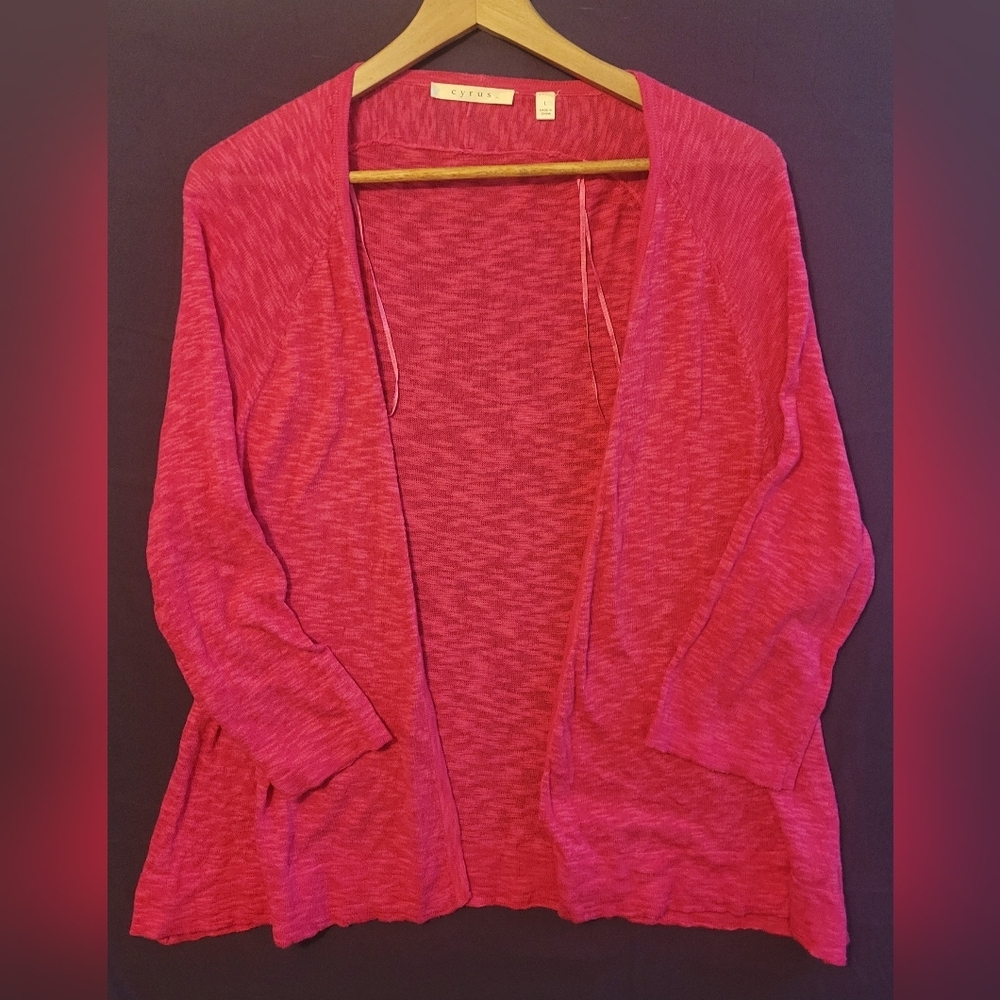 Women's Cyrus Pink Open-Front Carnigan Sweater. Size L